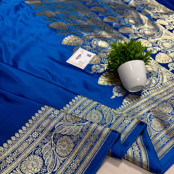 Royal Blue Plain Golden Zari Katan Silk Banarasi Saree