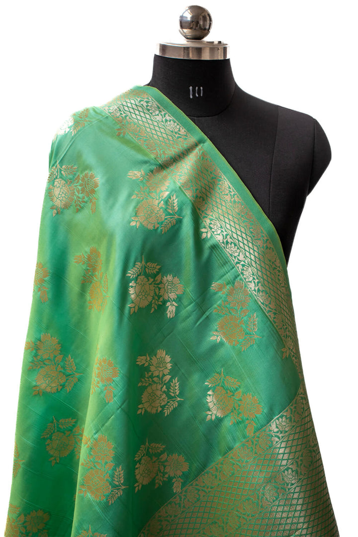 Sea Green Golden Zari Katan Silk Banarasi Dupatta