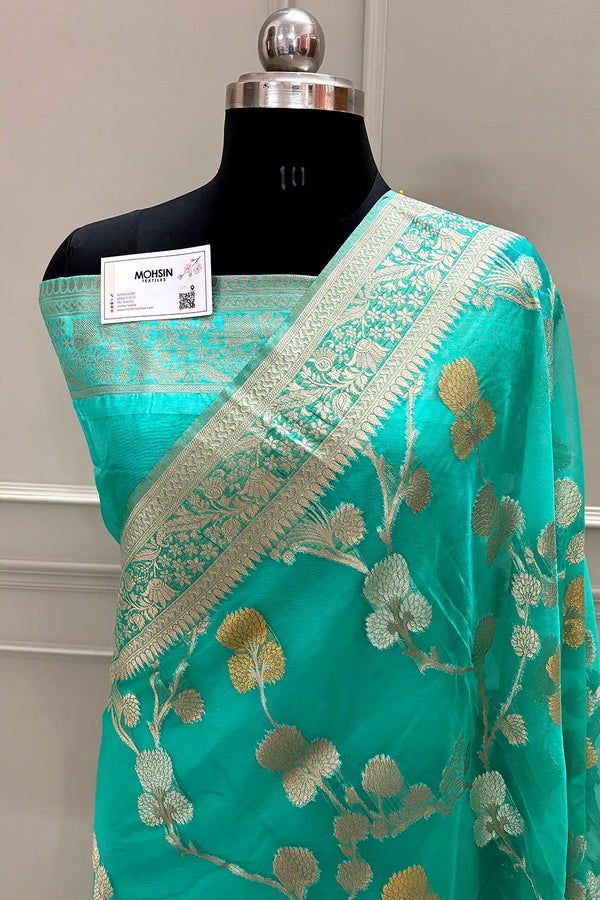 Sea Green Golden Zari Organza Silk Banarasi Saree