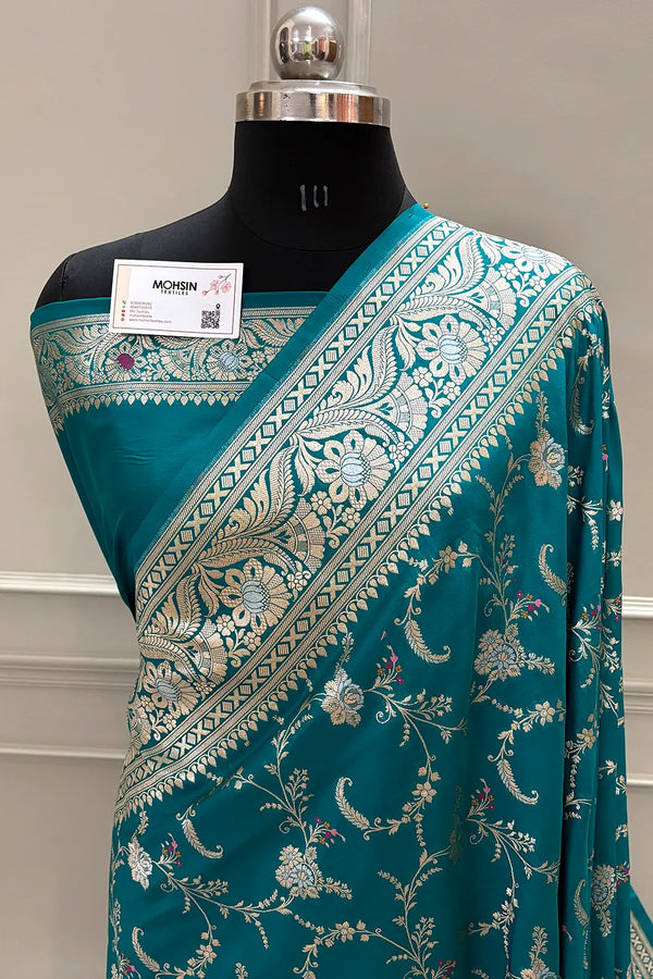 Teal Suhani Jaal Katan Silk Banarasi Saree