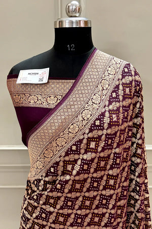 Wine Bandhej Georgette Silk Banarasi Saree