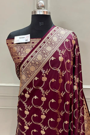 Wine Kanchan Bel Katan Silk Banarasi Saree