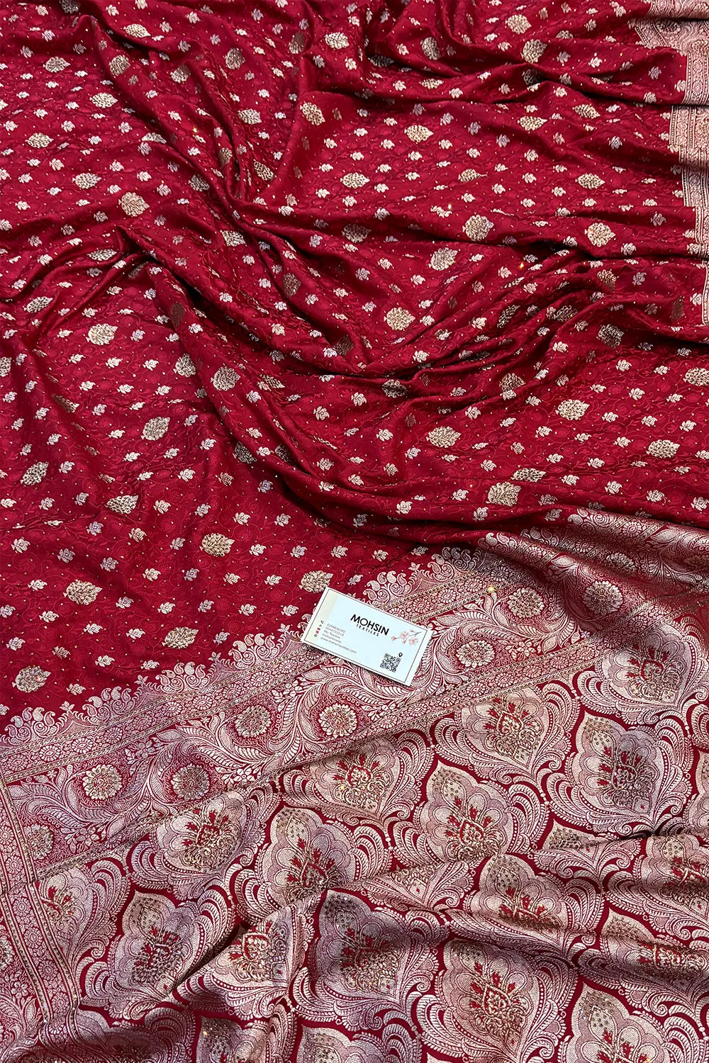 Maroon Chunni Munni Buti Stone Katan Silk Banarasi Saree