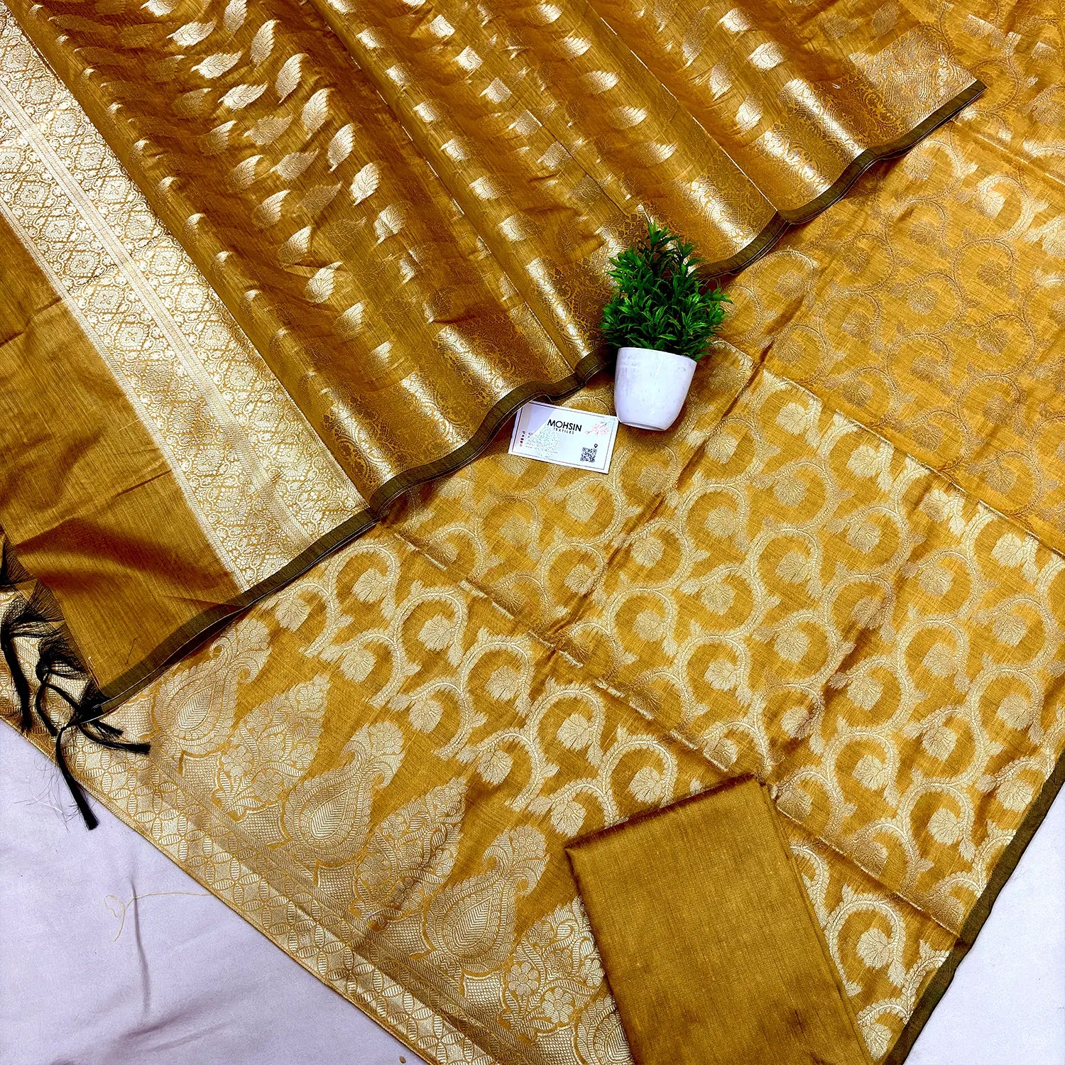 Mustard Kalgha Jaal Banarasi Silk Suit