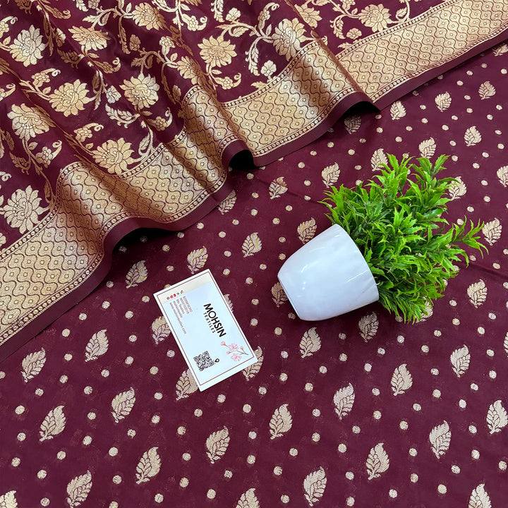 Wine Kalli Patta Katan Silk Banarasi Suit