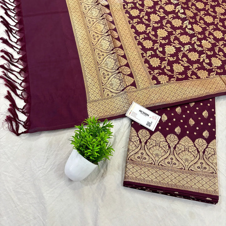 Wine Kalli Patta Katan Silk Banarasi Suit