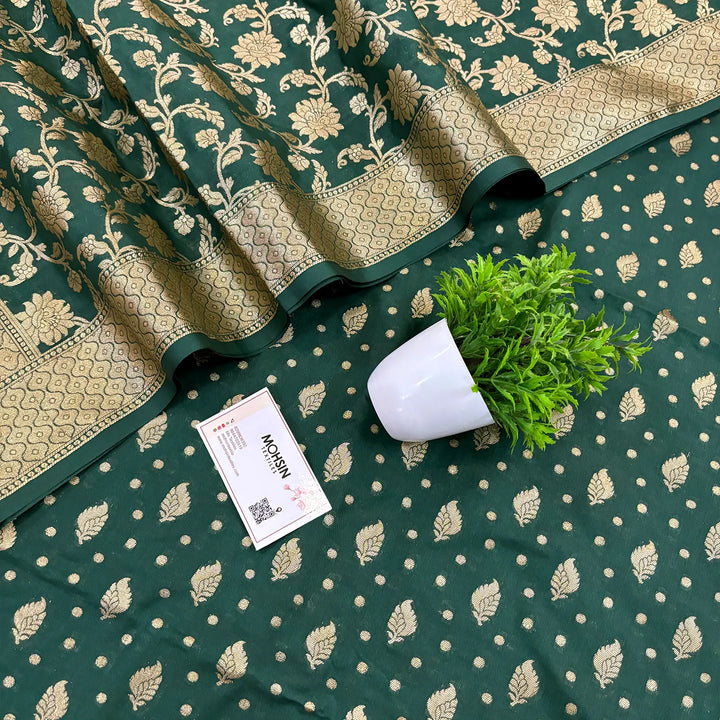 Bottle Green Kalli Patta Katan Silk Banarasi Suit