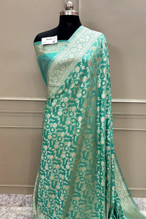 Mint Green Gulabi Jaal Katan Silk Banarasi Saree