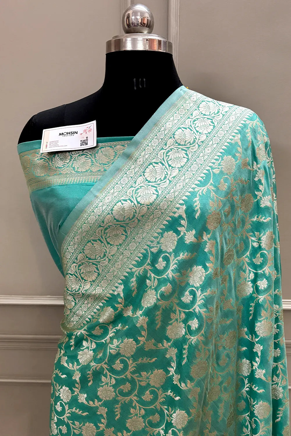 Mint Green Gulabi Jaal Katan Silk Banarasi Saree – Mohsin Textiles