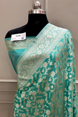 Mint Green Gulabi Jaal Katan Silk Banarasi Saree