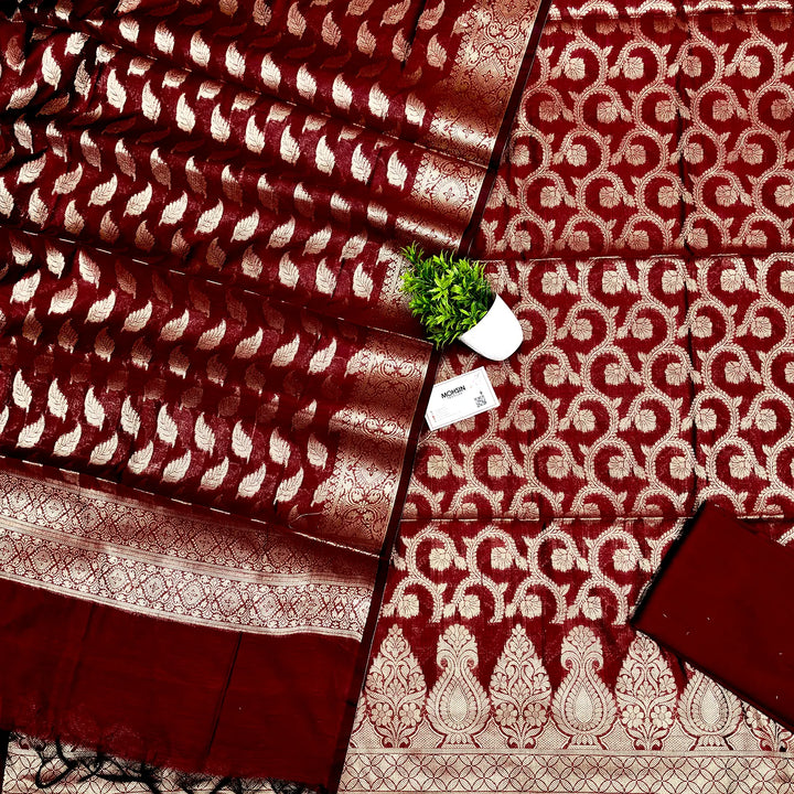 Wine Kalgha Jaal Banarasi Silk Suit