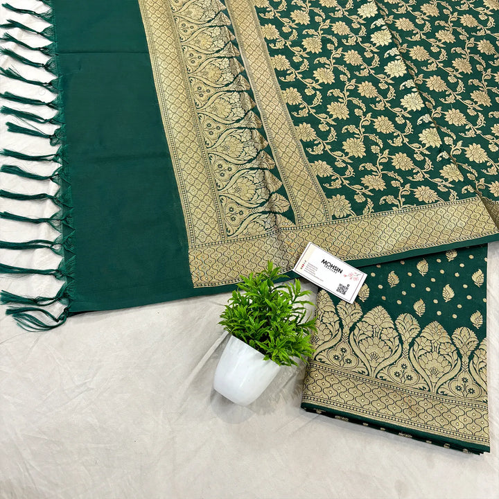 Bottle Green Kalli Patta Katan Silk Banarasi Suit