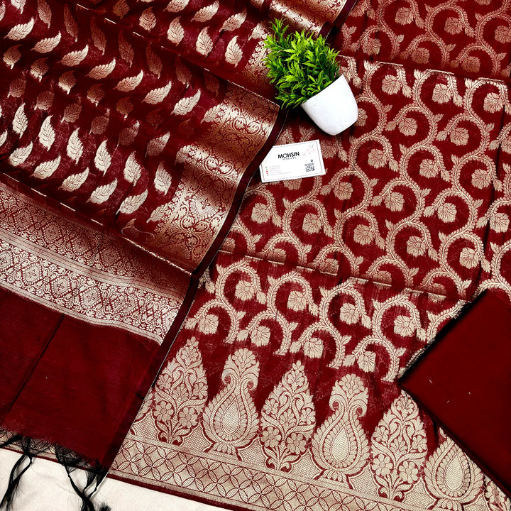 Wine Kalgha Jaal Banarasi Silk Suit