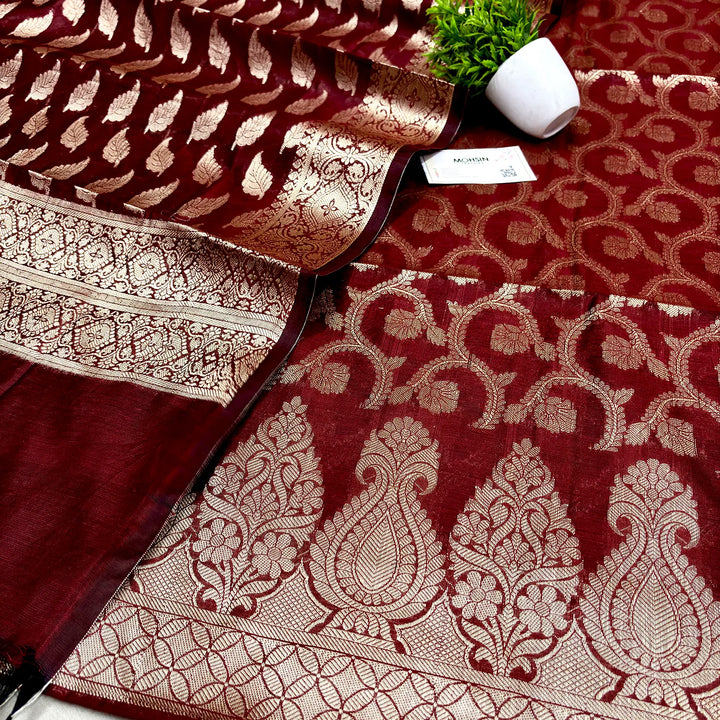 Wine Kalgha Jaal Banarasi Silk Suit