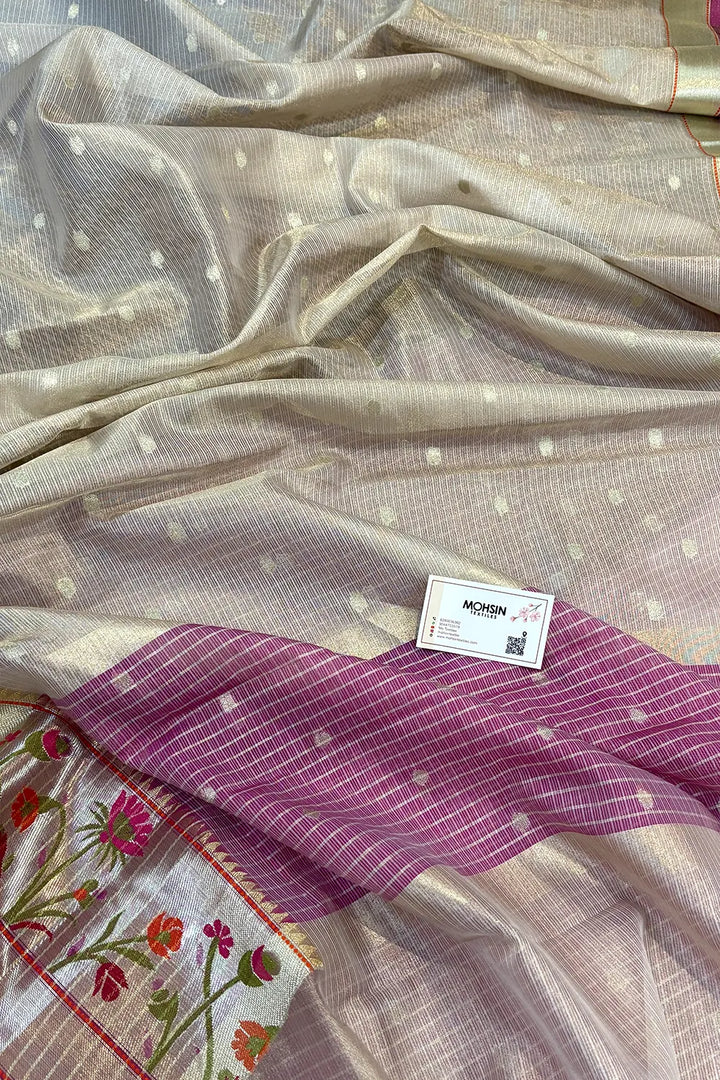 Beige Golden Zari Tissue Silk Banarasi Saree