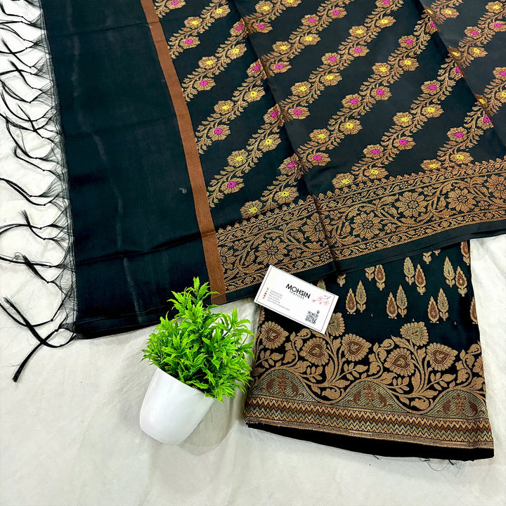 Black Kadi Patti Satin Silk Banarasi Suit