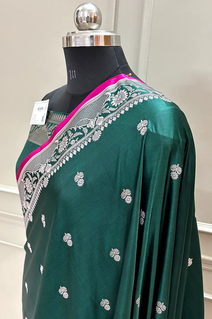 Bottle Green Babri Buti Katan Silk Banarasi Saree