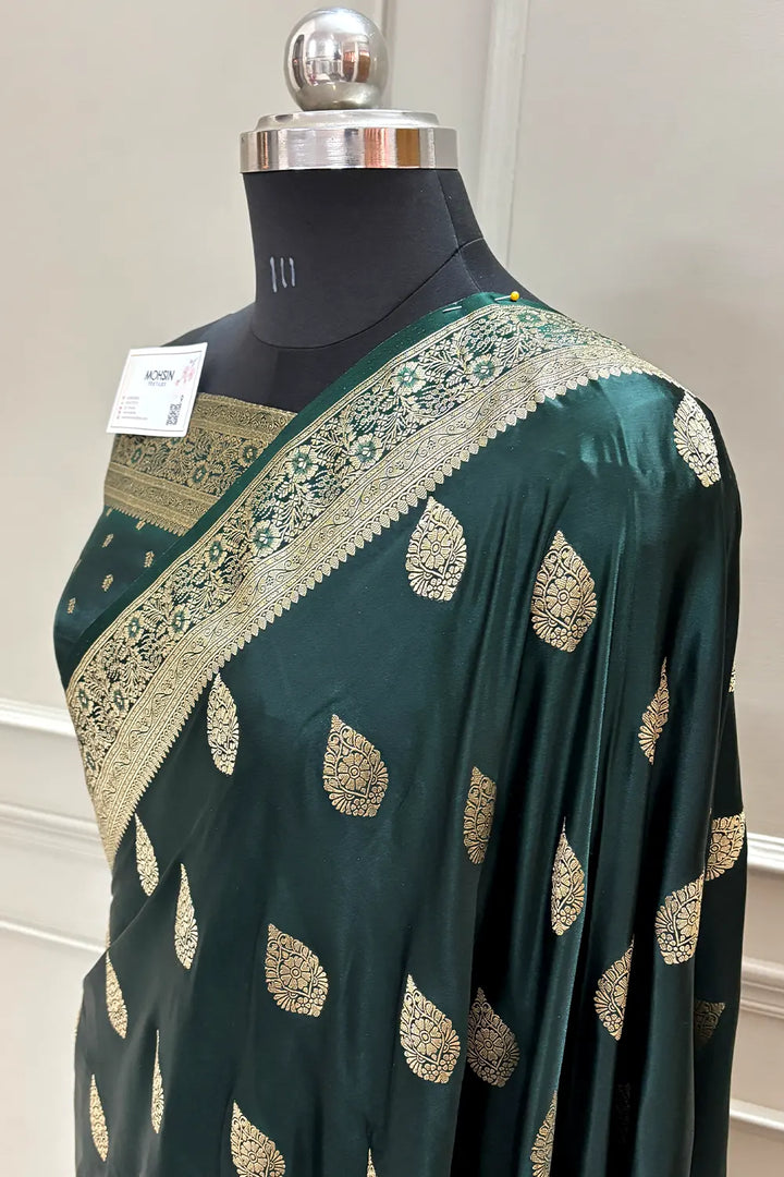 Bottle Green Badami Buta Katan Silk Banarasi Saree