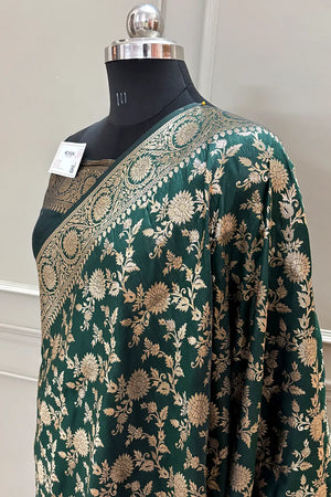 Bottle Green Golden Zari Satin Silk Banarasi Saree