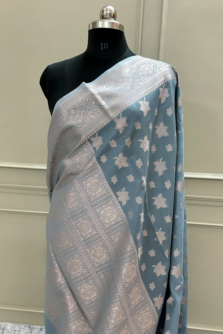 Grey Daab Buti Chanderi Silk Banarasi Saree