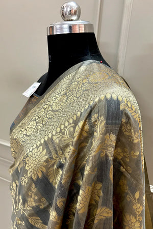 Grey Resham Zari Cotton Silk Banarasi Saree