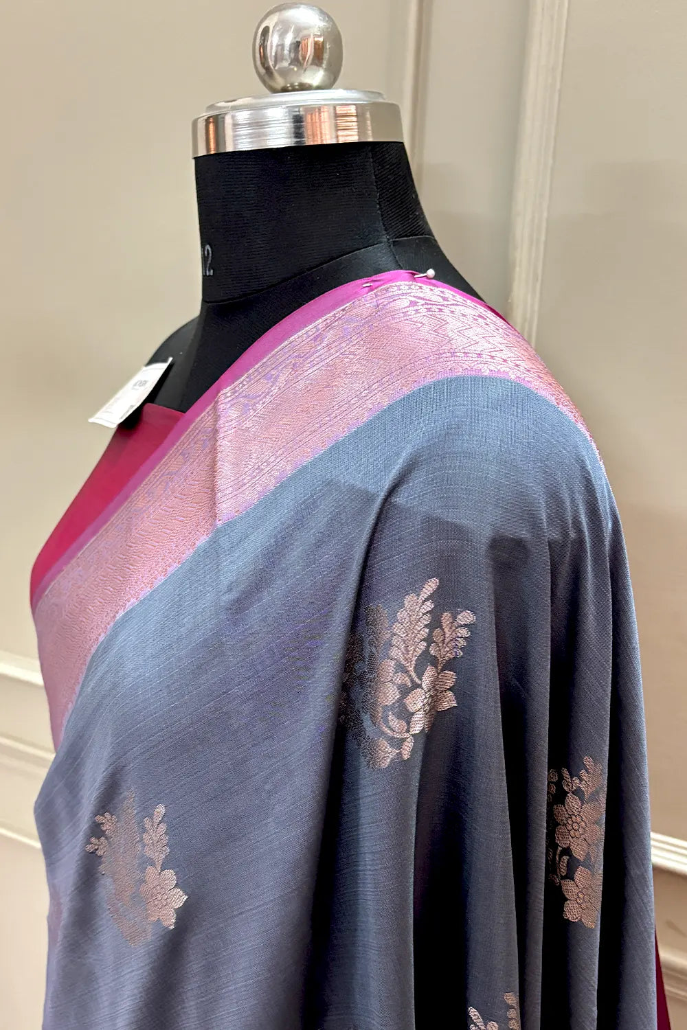 Grey and Pink Golden Zari Banarasi Silk Saree