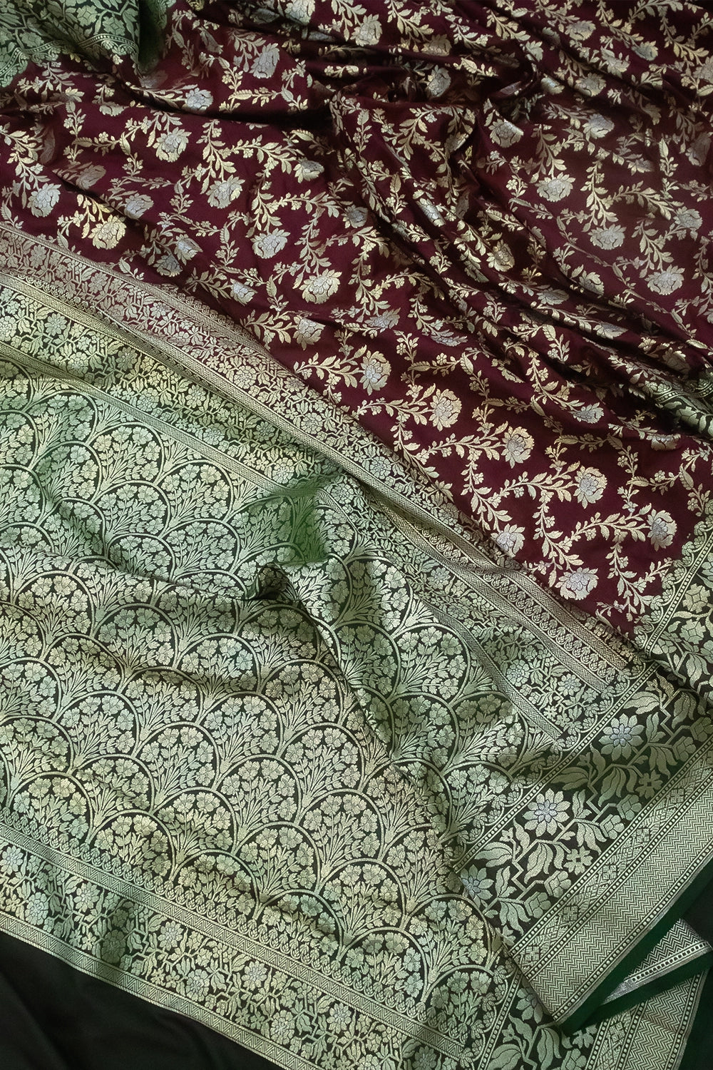 Maroon and Green Maharani Jaal Crepe Silk Banarasi Saree