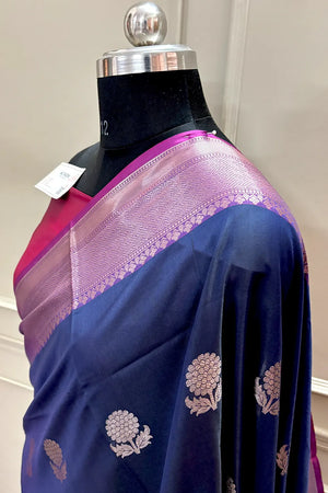 Navy Blue and Pink Golden Zari Banarasi Silk Saree