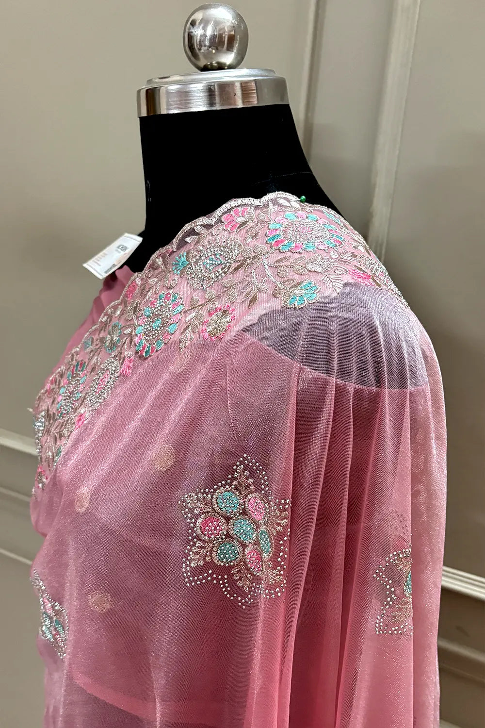 Peach Embroidery Siroski Brasso Net Saree