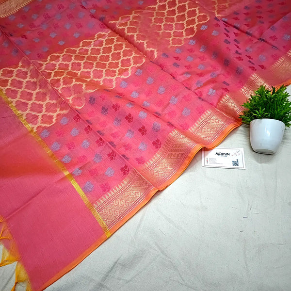 Peach Golden Zari Banarasi Silk Dupatta