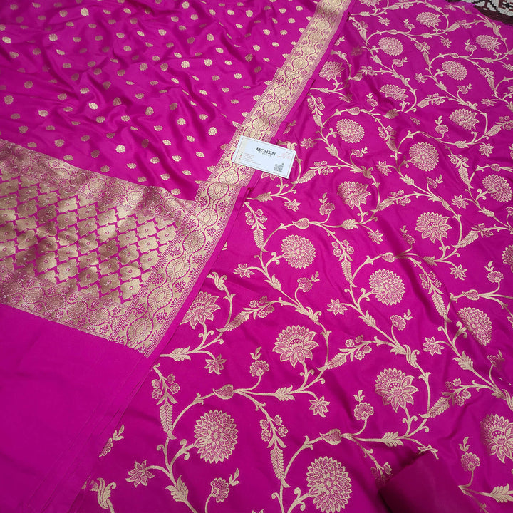 Pink Golden Zari Katan Silk Banarasi Suit