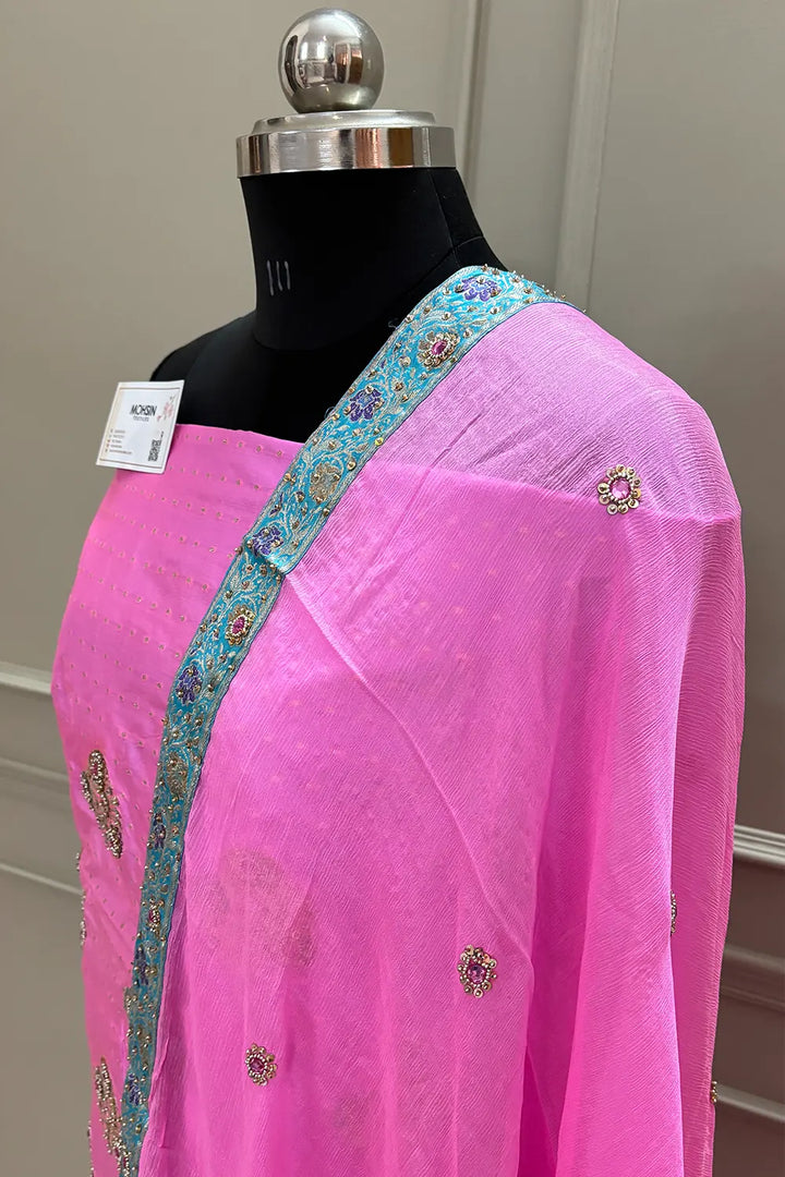 Pink Golden Zari Katan Silk Banarasi Suit