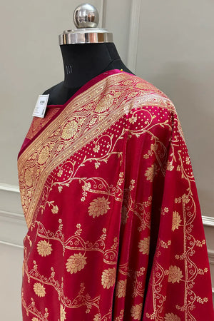 Pinkish Red Bhawar Jaal Katan Silk Banarasi Saree