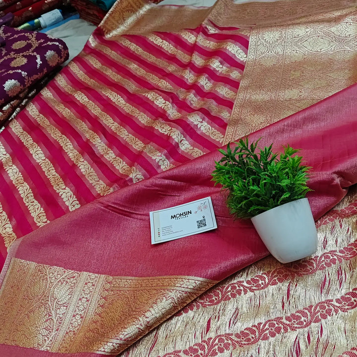 Rani Pink Golden Zari Katan Silk Banarasi Saree