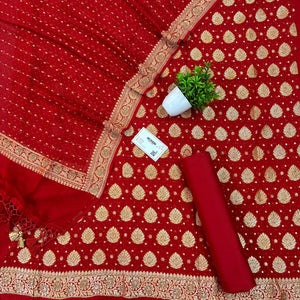 Red Golden Zari Siroski Stone Pure Georgette Silk Banarasi Suit