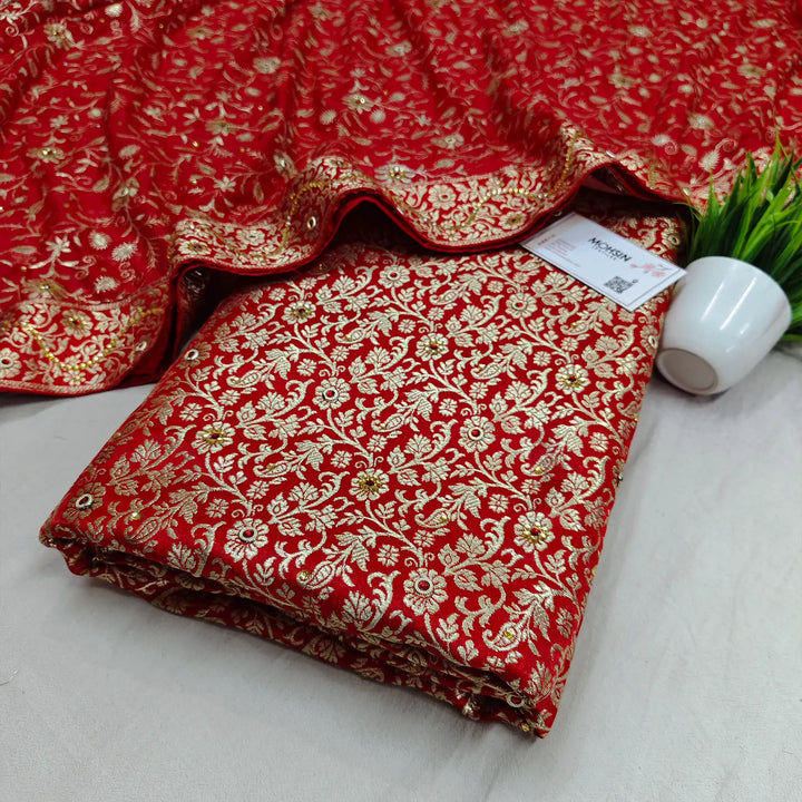 Red Stone Work Kimkhab Silk Banarasi Gharara