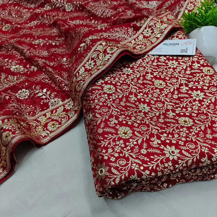 Red Suhani Jaal Stone Work Kimkhab Silk Banarasi Gharara