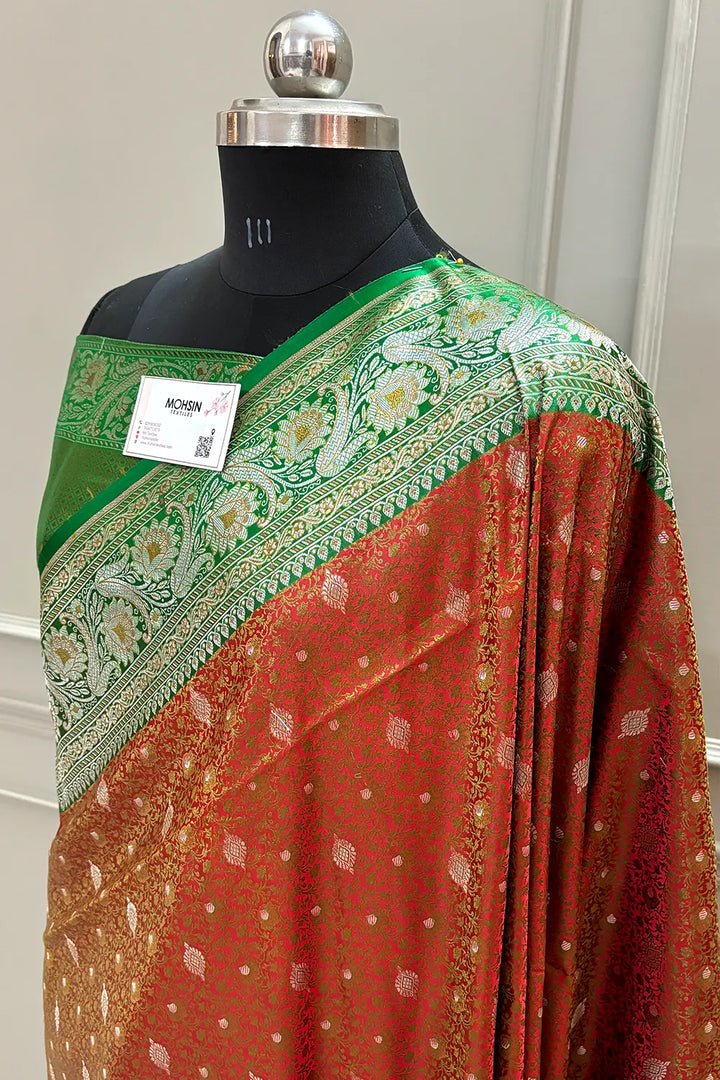 Red and Green Jamewar Katan Silk Banarasi Saree