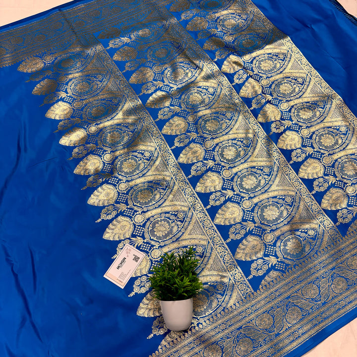 Royal Blue Plain Golden Zari Katan Silk Banarasi Saree