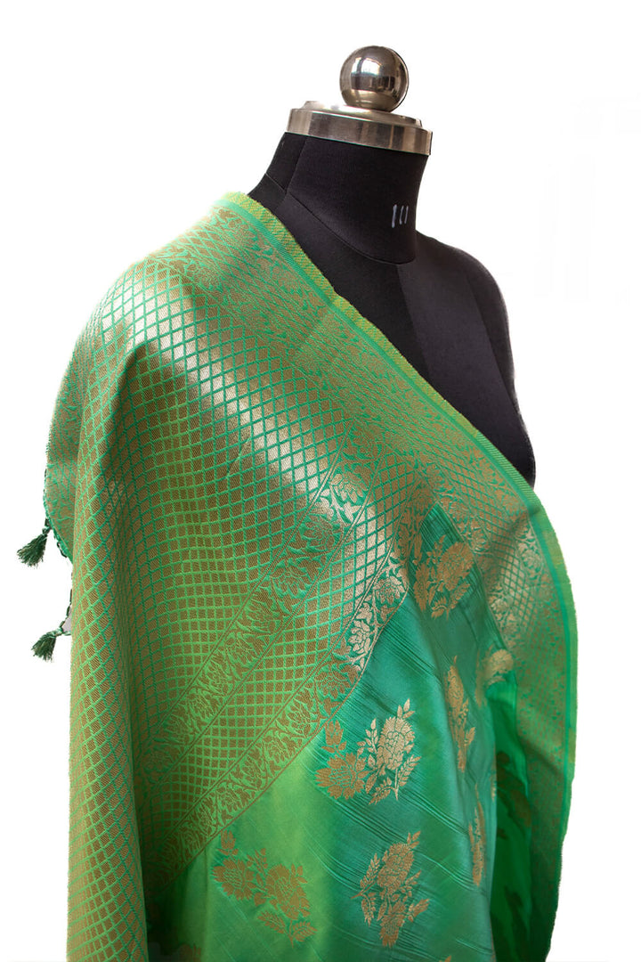 Sea Green Golden Zari Katan Silk Banarasi Dupatta