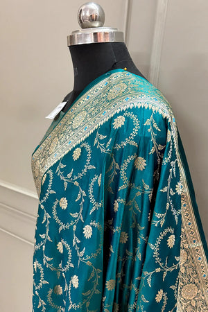 Teal Eragon Jaal Katan Silk Banarasi Saree