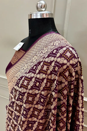 Wine Bandhej Georgette Silk Banarasi Saree