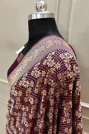 Wine Bandhej Georgette Silk Banarasi Saree