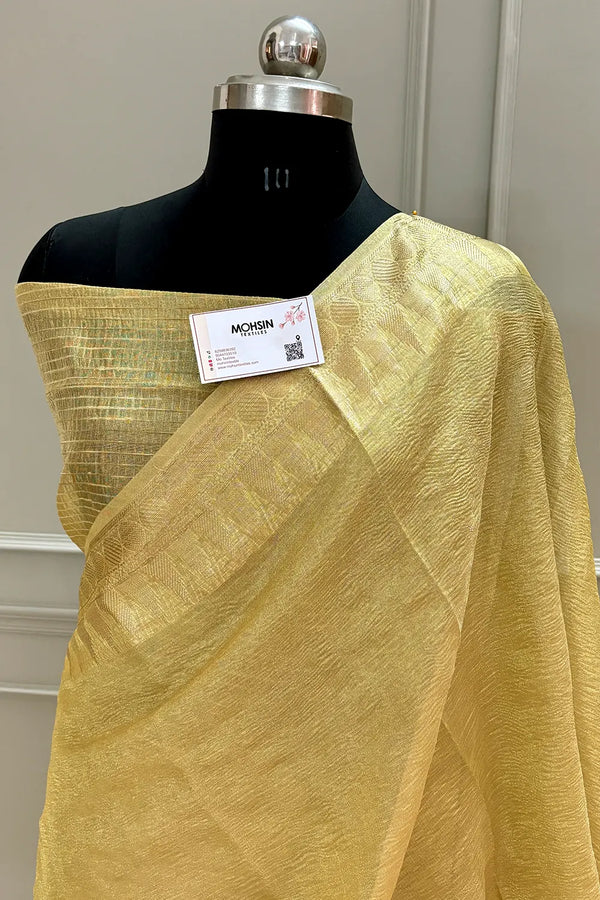 Yellow Khaardaar Crush Tissue Silk Banarasi Saree