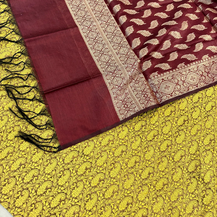 Yellow and Maroon Shimmer Silk Banarasi Suit