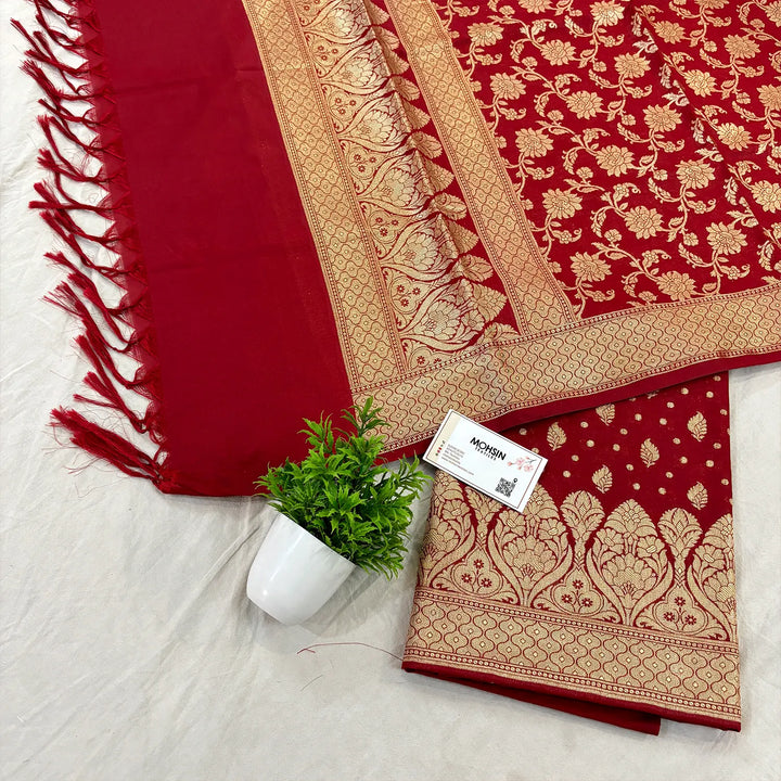 Maroon Kalli Patta Katan Silk Banarasi Suit