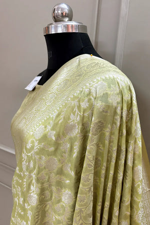Pista Gulabi Jaal Katan Silk Banarasi Saree