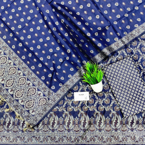 Navy Blue Surahi Jaal Cotton Silk Banarasi Suit