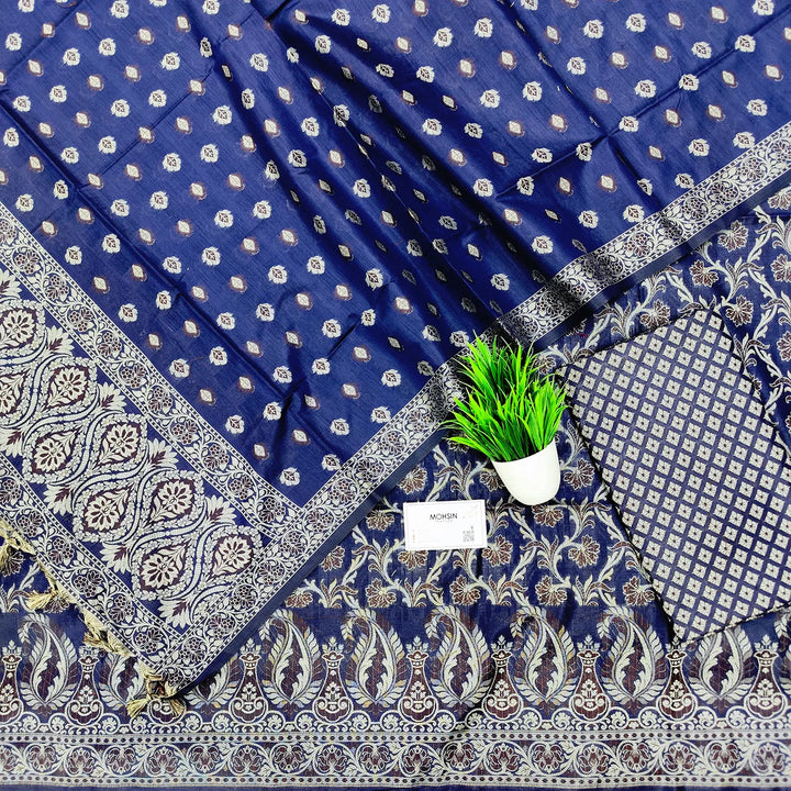 Navy Blue Surahi Jaal Cotton Silk Banarasi Suit