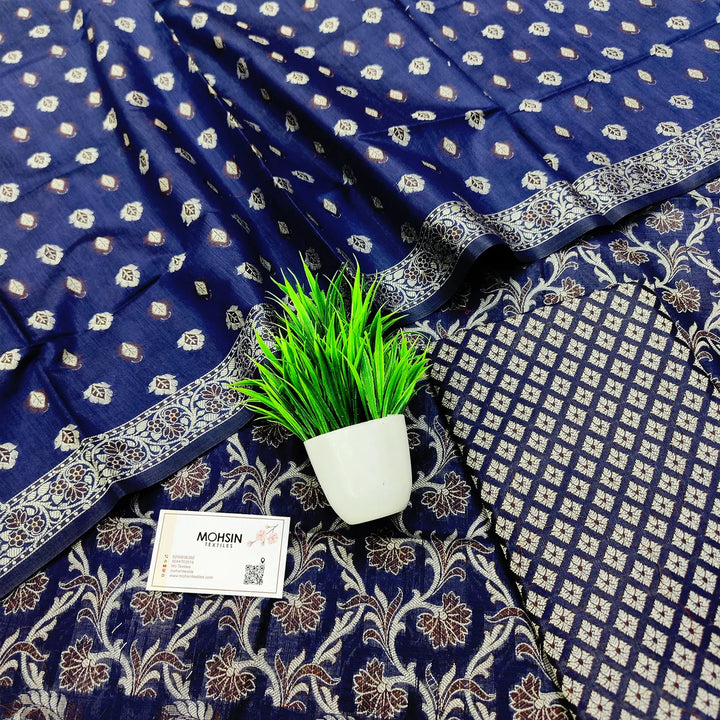 Navy Blue Surahi Jaal Cotton Silk Banarasi Suit